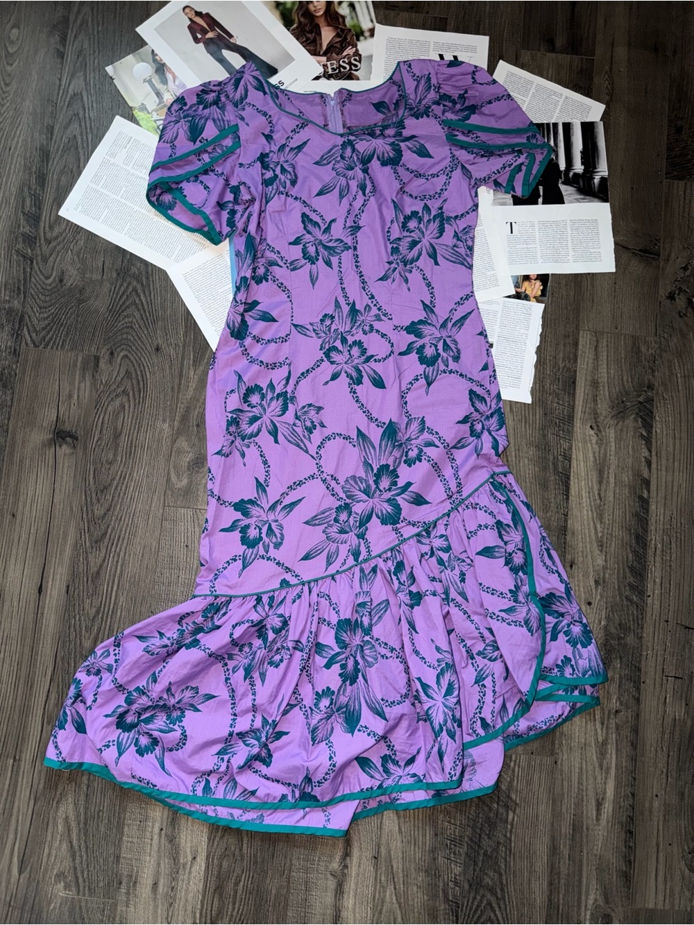 Purple Floral Short Sleeve Midi Dress